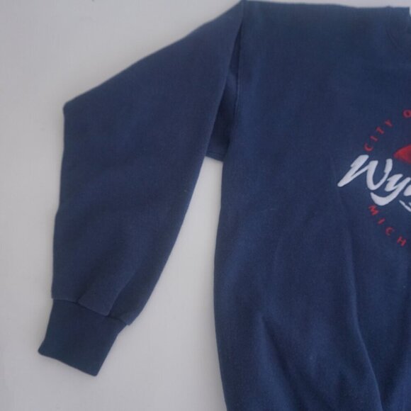 Vintage '90S Puff Print Wyandotte City Navy Crewneck Sweater Large By Hanes - Picture 7 of 10